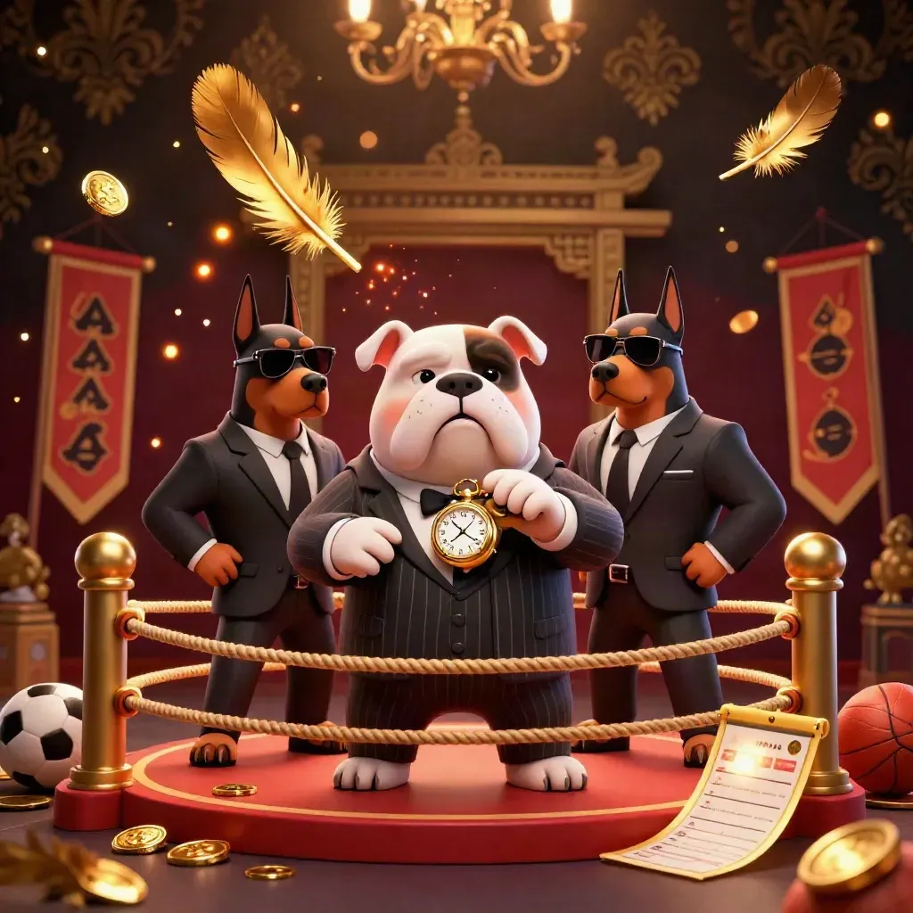 Mafia bulldog boss and Doberman guards amid gold feathers, temple gate, torches, coins.