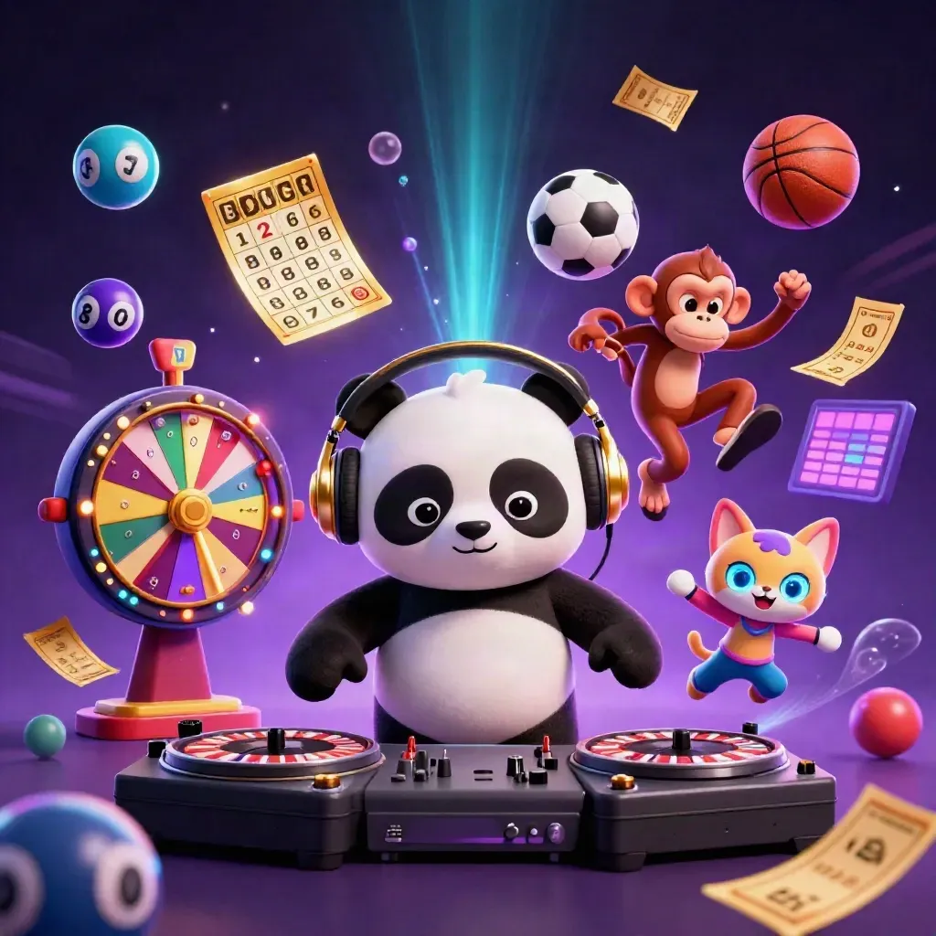 Panda, monkey and kitten blast roulette casino energy with flying balls and neon lights.