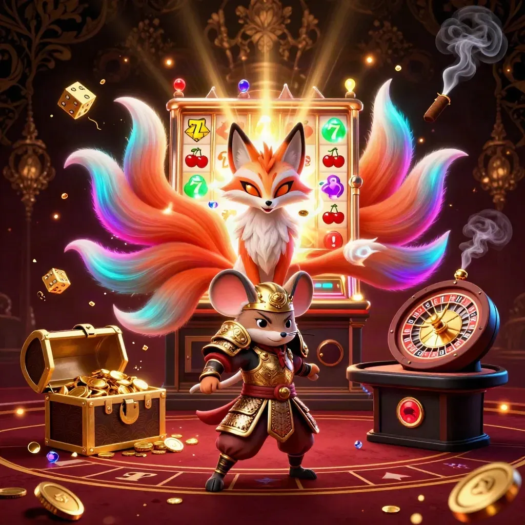 Fox spirit and samurai mouse amid casino burst, roulette wheel, gold, and smoky burgundy luxury.