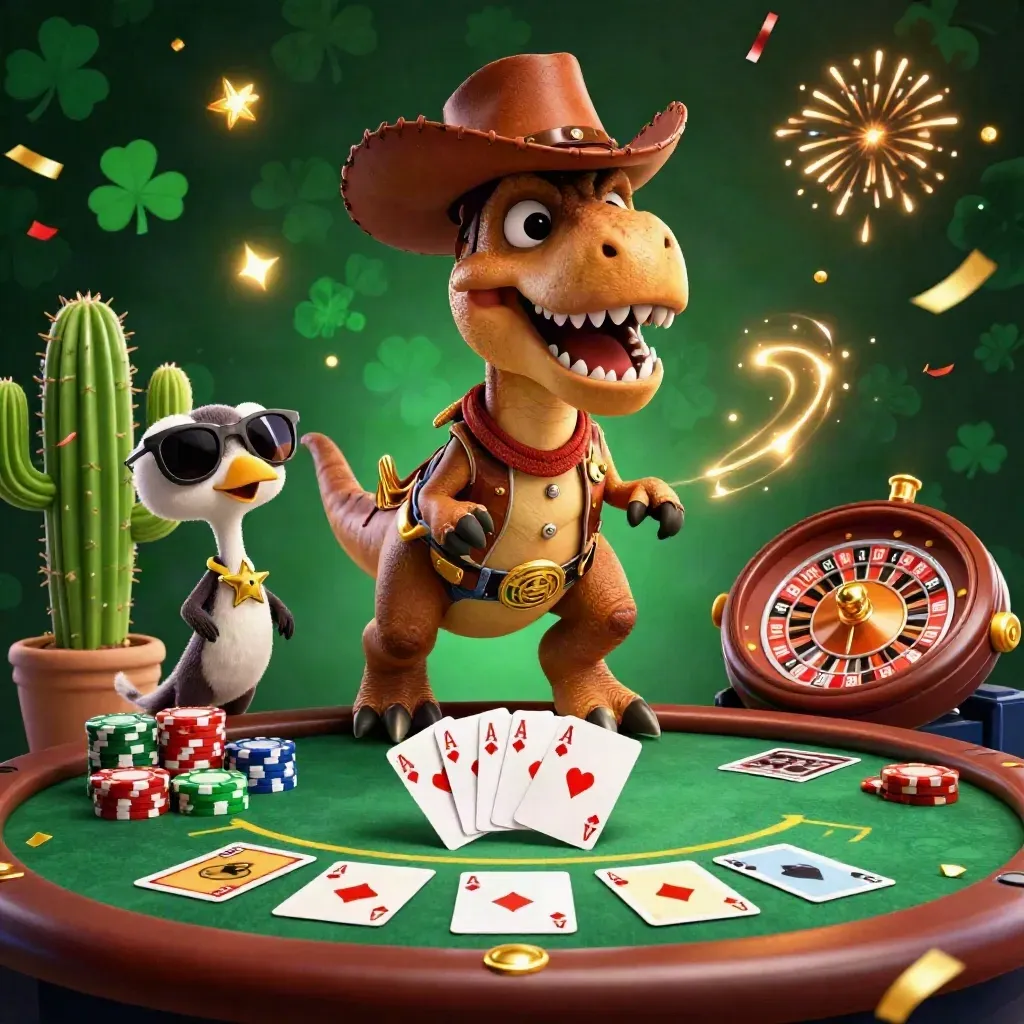 Cowboy T-Rex casino crew amid roulette spin, poker table, confetti, and neon luxury.