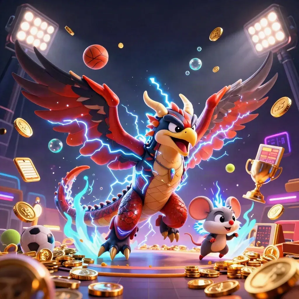 Thunder dragon, wind hawk, and static mouse amid coins, balls, trophy, and neon casino lights.