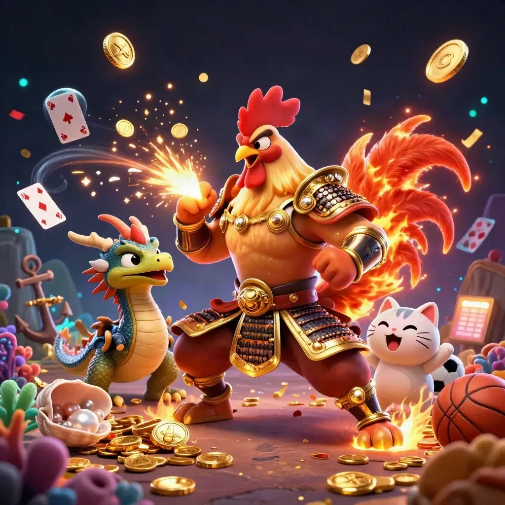 Rooster warrior, dragon hatchling, and fortune-cat amid coins, coral, fireworks, and casino treasure